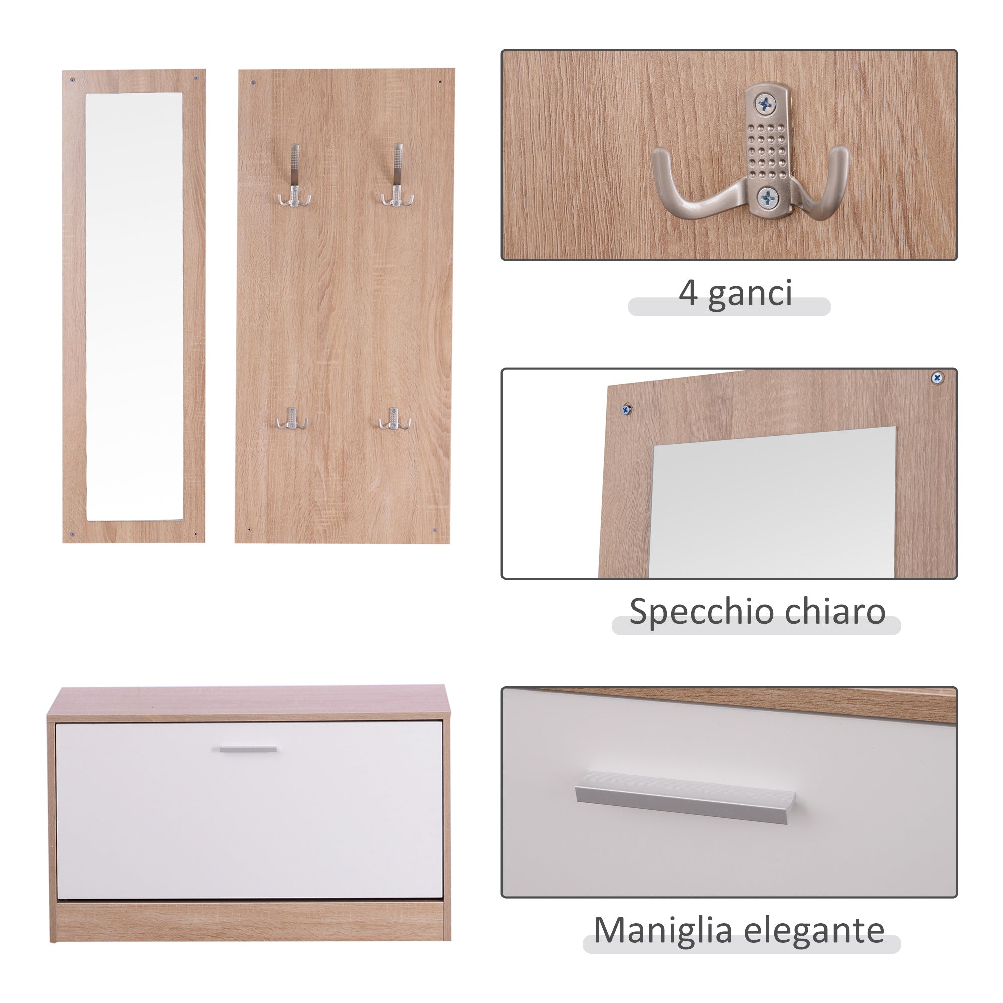 3-Piece Entryway Furniture Set with Shoe Bench, Wall Coat Rack, and Mirror, Wooden Wardrobe for Bedroom and Hallway, 80x27x46.5 cm in Wood Color and White