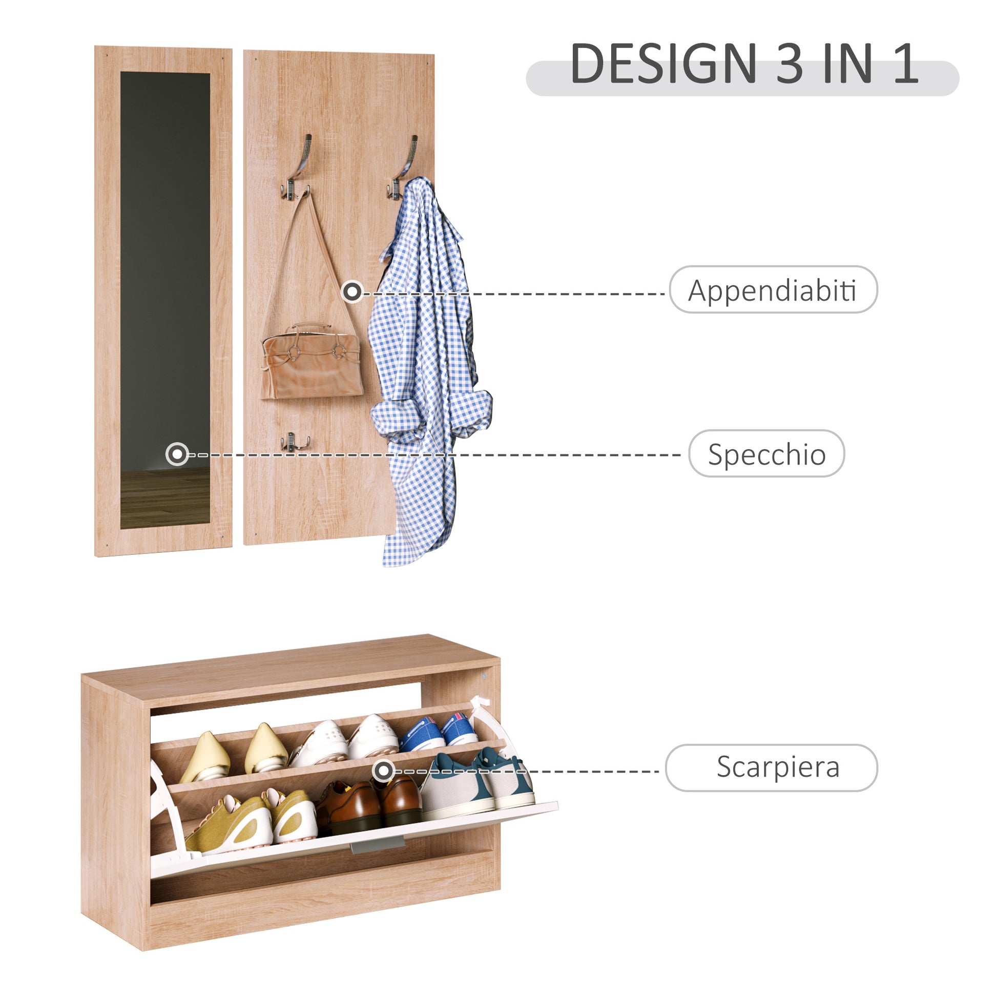 3-Piece Entryway Furniture Set with Shoe Bench, Wall Coat Rack, and Mirror, Wooden Wardrobe for Bedroom and Hallway, 80x27x46.5 cm in Wood Color and White