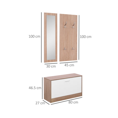 3-Piece Entryway Furniture Set with Shoe Bench, Wall Coat Rack, and Mirror, Wooden Wardrobe for Bedroom and Hallway, 80x27x46.5 cm in Wood Color and White