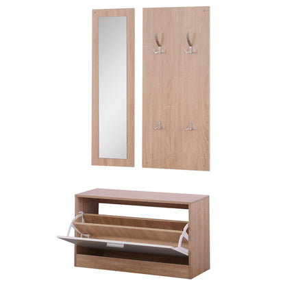 3-Piece Entryway Furniture Set with Shoe Bench, Wall Coat Rack, and Mirror, Wooden Wardrobe for Bedroom and Hallway, 80x27x46.5 cm in Wood Color and White