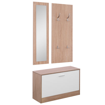 3-Piece Entryway Furniture Set with Shoe Bench, Wall Coat Rack, and Mirror, Wooden Wardrobe for Bedroom and Hallway, 80x27x46.5 cm in Wood Color and White