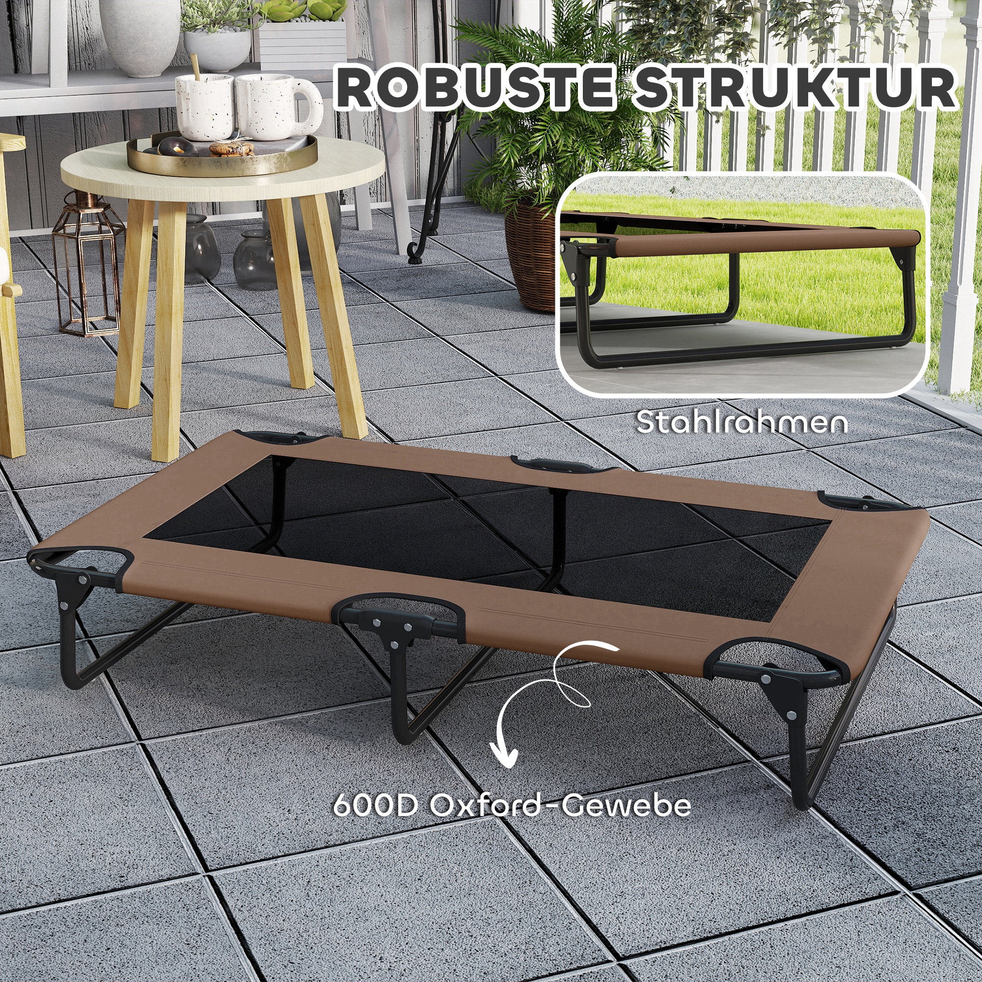 Elevated Foldable Dog Bed Pet Bed, Outdoor Dog Lounger with Net Design, Breathable, for Large Dogs Coffee Oxford 107 x 61 x 20 cm