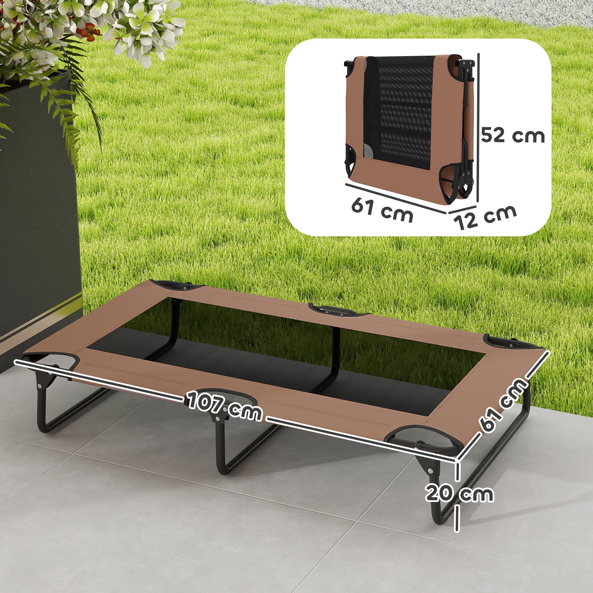 Elevated Foldable Dog Bed Pet Bed, Outdoor Dog Lounger with Net Design, Breathable, for Large Dogs Coffee Oxford 107 x 61 x 20 cm