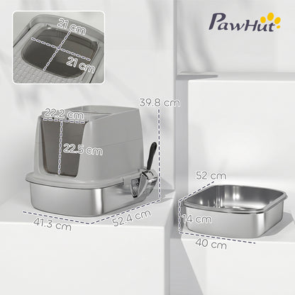 Covered Stainless Steel Cat Litter Box with Flip-Top Lid, Dual Entry, Scoop, High Walls, Leak-Resistant, Odor-Control, Easy to Clean - Light Gray