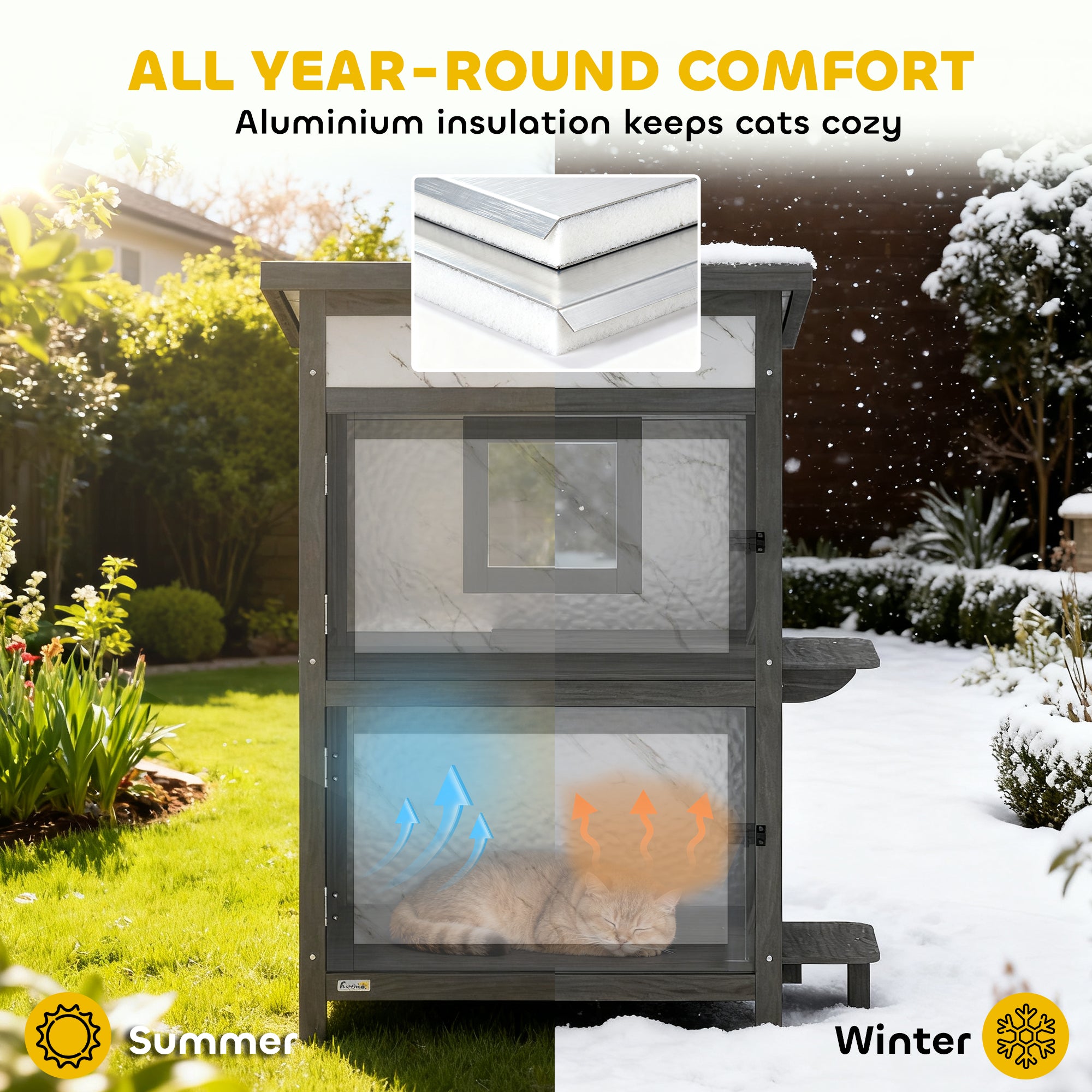 2-Story Insulated Outdoor Wooden Cat House with Window, Multiple Doors, Water-Resistant Roof, Cat Den Box for Outdoors — 24 x 24 x 34.6 in (60 x 60 x 88 cm), White