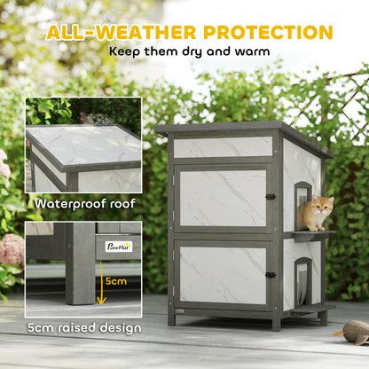 2-Story Insulated Outdoor Wooden Cat House with Window, Multiple Doors, Water-Resistant Roof, Cat Den Box for Outdoors — 24 x 24 x 34.6 in (60 x 60 x 88 cm), White