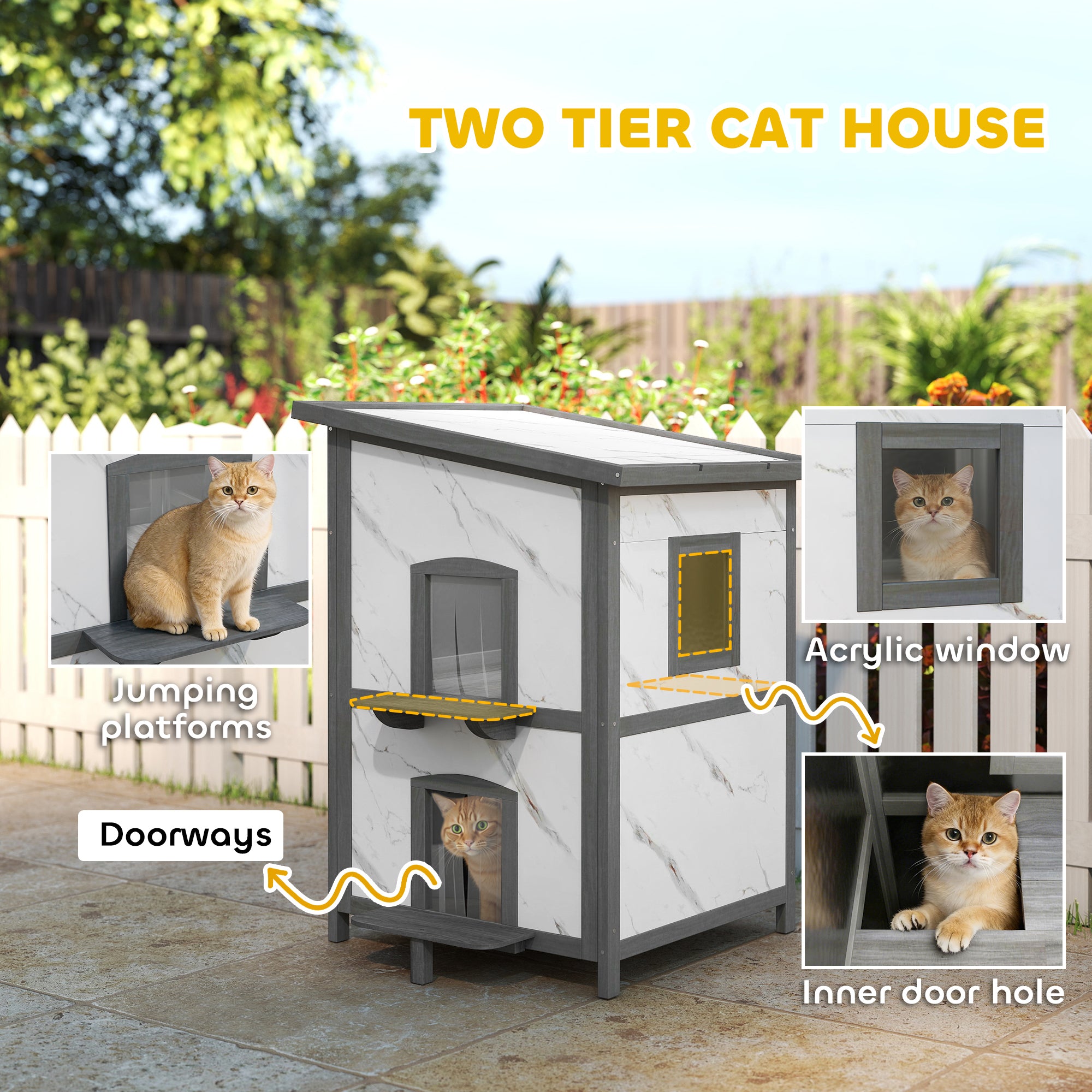 2-Story Insulated Outdoor Wooden Cat House with Window, Multiple Doors, Water-Resistant Roof, Cat Den Box for Outdoors — 24 x 24 x 34.6 in (60 x 60 x 88 cm), White
