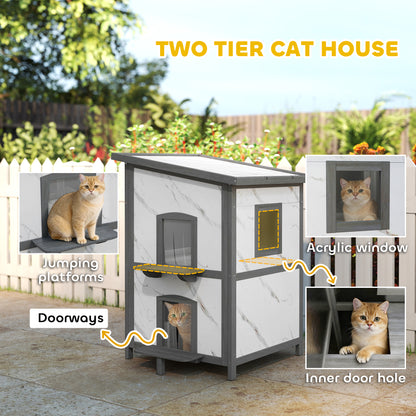 2-Story Insulated Outdoor Wooden Cat House with Window, Multiple Doors, Water-Resistant Roof, Cat Den Box for Outdoors — 24 x 24 x 34.6 in (60 x 60 x 88 cm), White