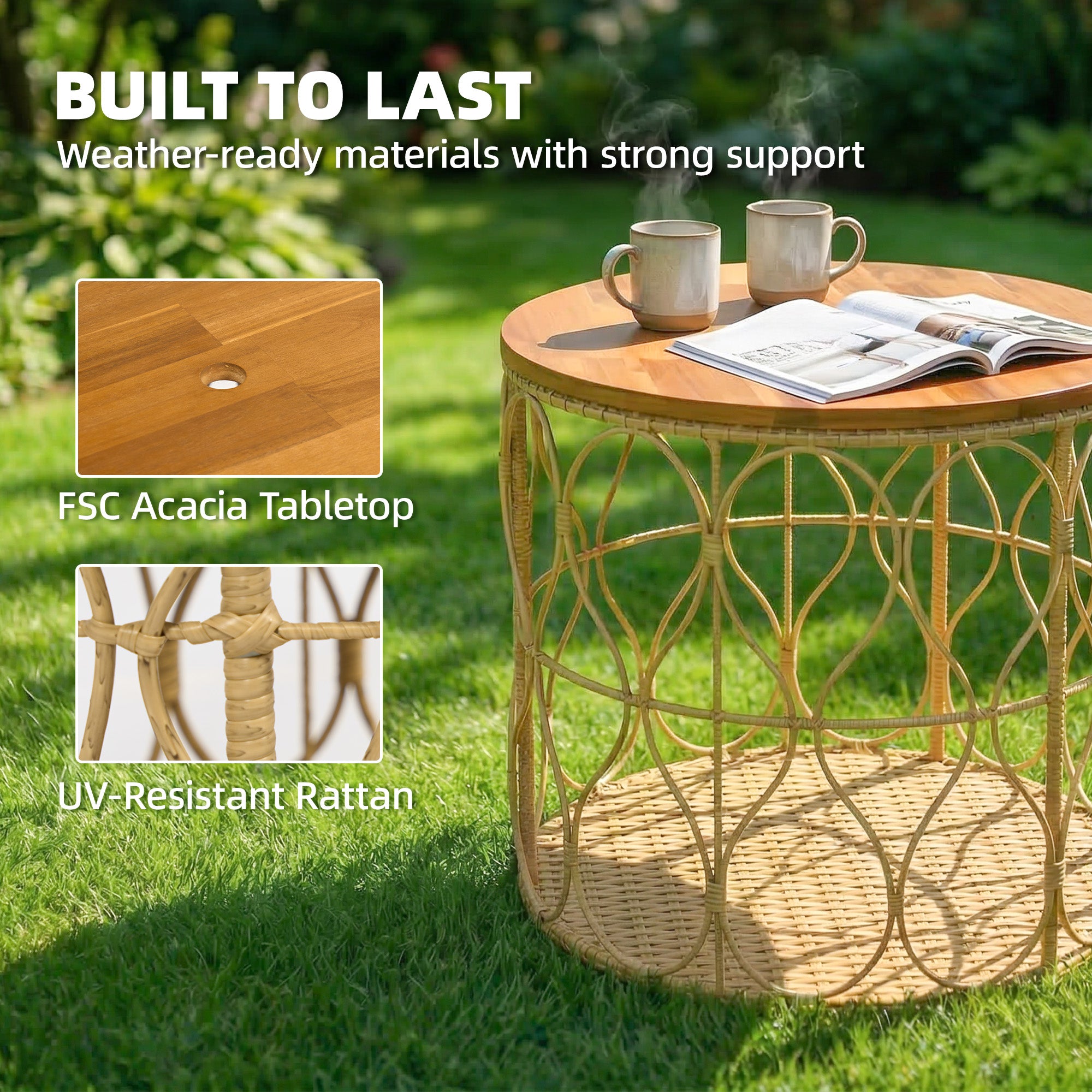 Side Table, 19.7-inch Round Weatherproof Garden Table with Rattan Look, Acacia Wood Top, Adjustable Feet, 176 lb Capacity, Bistro Table for Garden Terrace Balcony — Teak