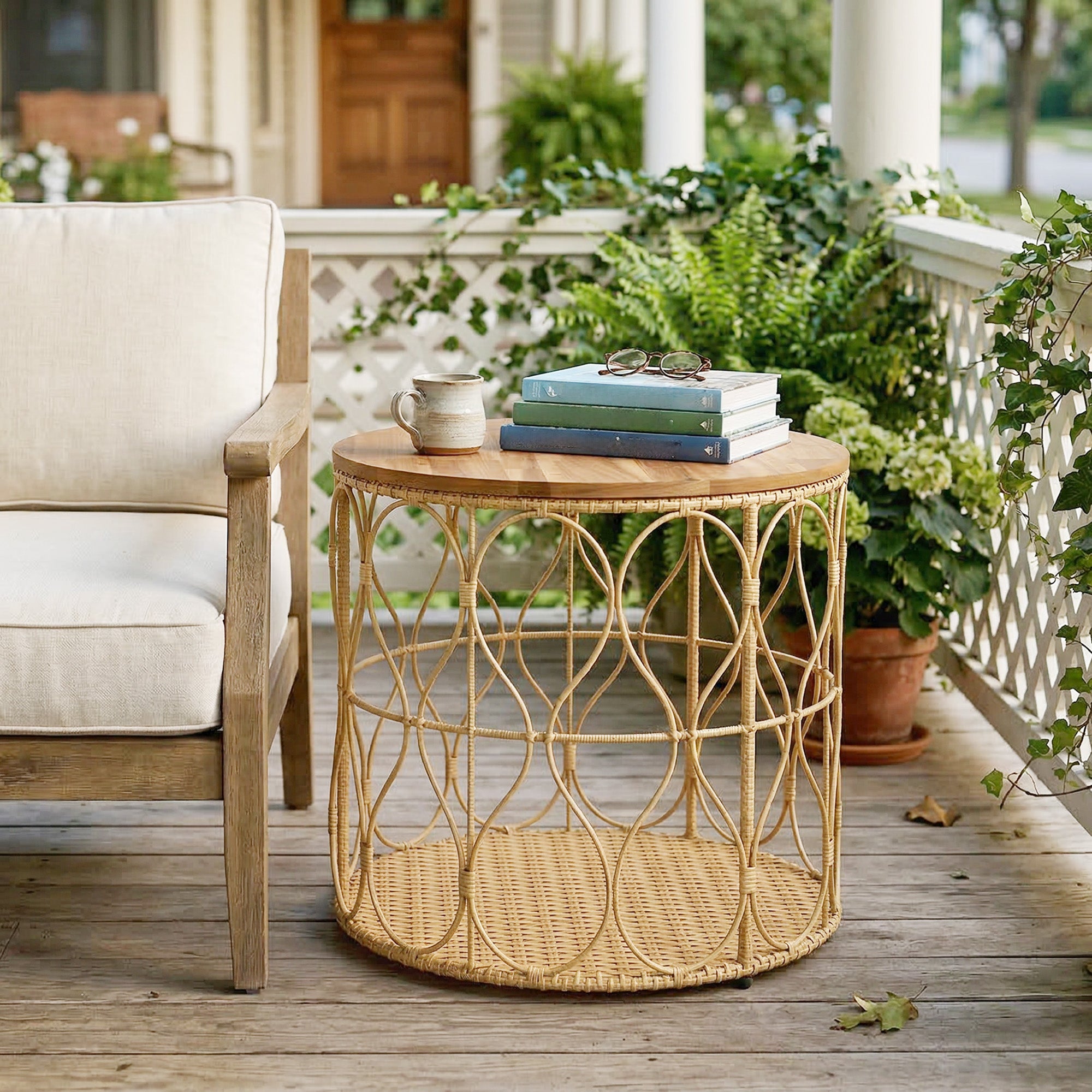 Side Table, 19.7-inch Round Weatherproof Garden Table with Rattan Look, Acacia Wood Top, Adjustable Feet, 176 lb Capacity, Bistro Table for Garden Terrace Balcony — Teak