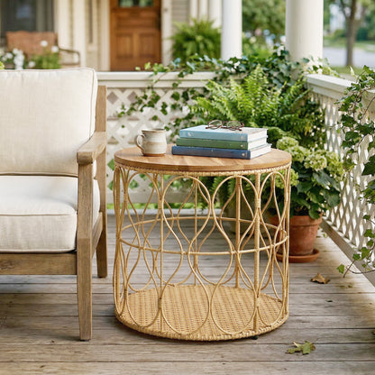 Side Table, 19.7-inch Round Weatherproof Garden Table with Rattan Look, Acacia Wood Top, Adjustable Feet, 176 lb Capacity, Bistro Table for Garden Terrace Balcony — Teak
