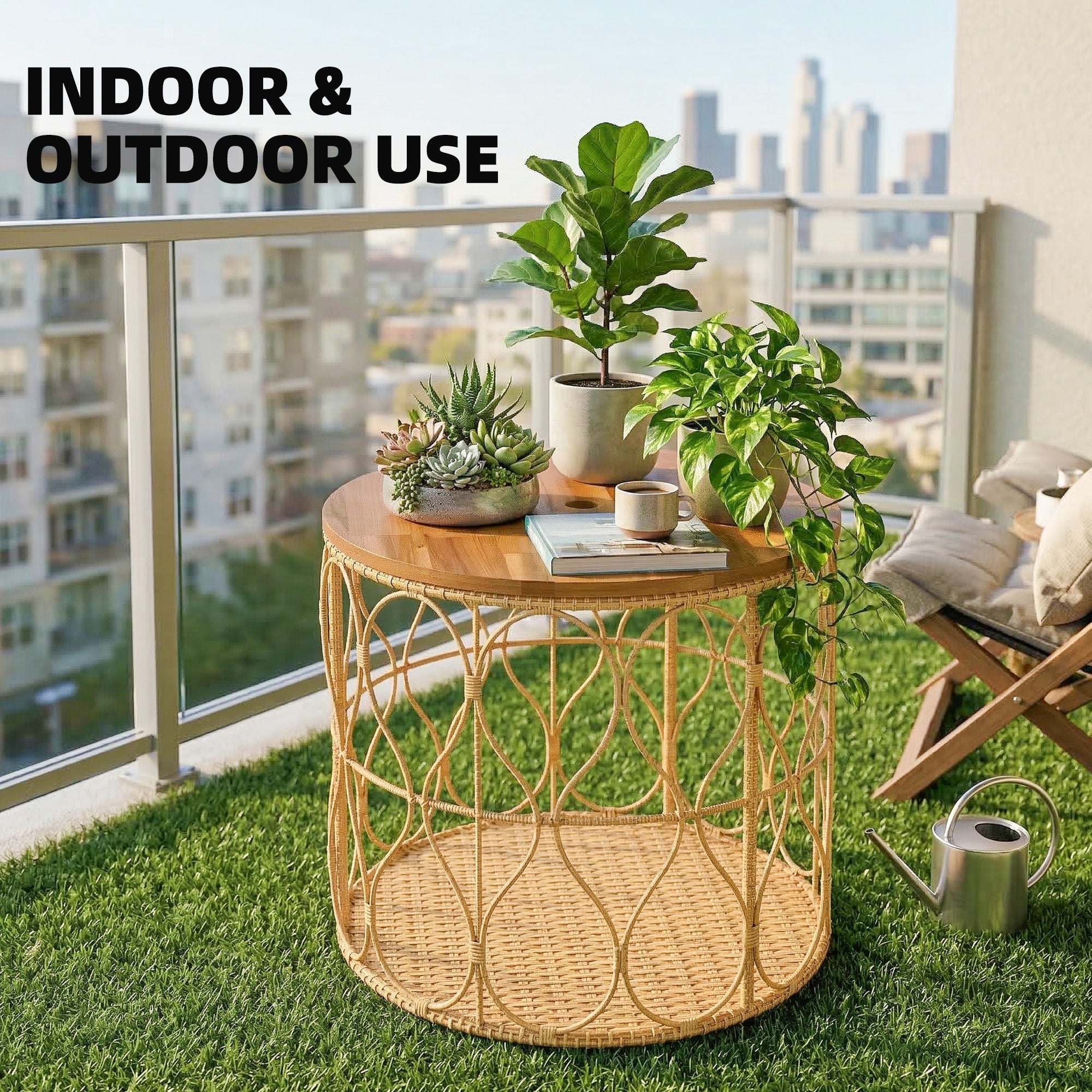Side Table, 19.7-inch Round Weatherproof Garden Table with Rattan Look, Acacia Wood Top, Adjustable Feet, 176 lb Capacity, Bistro Table for Garden Terrace Balcony — Teak