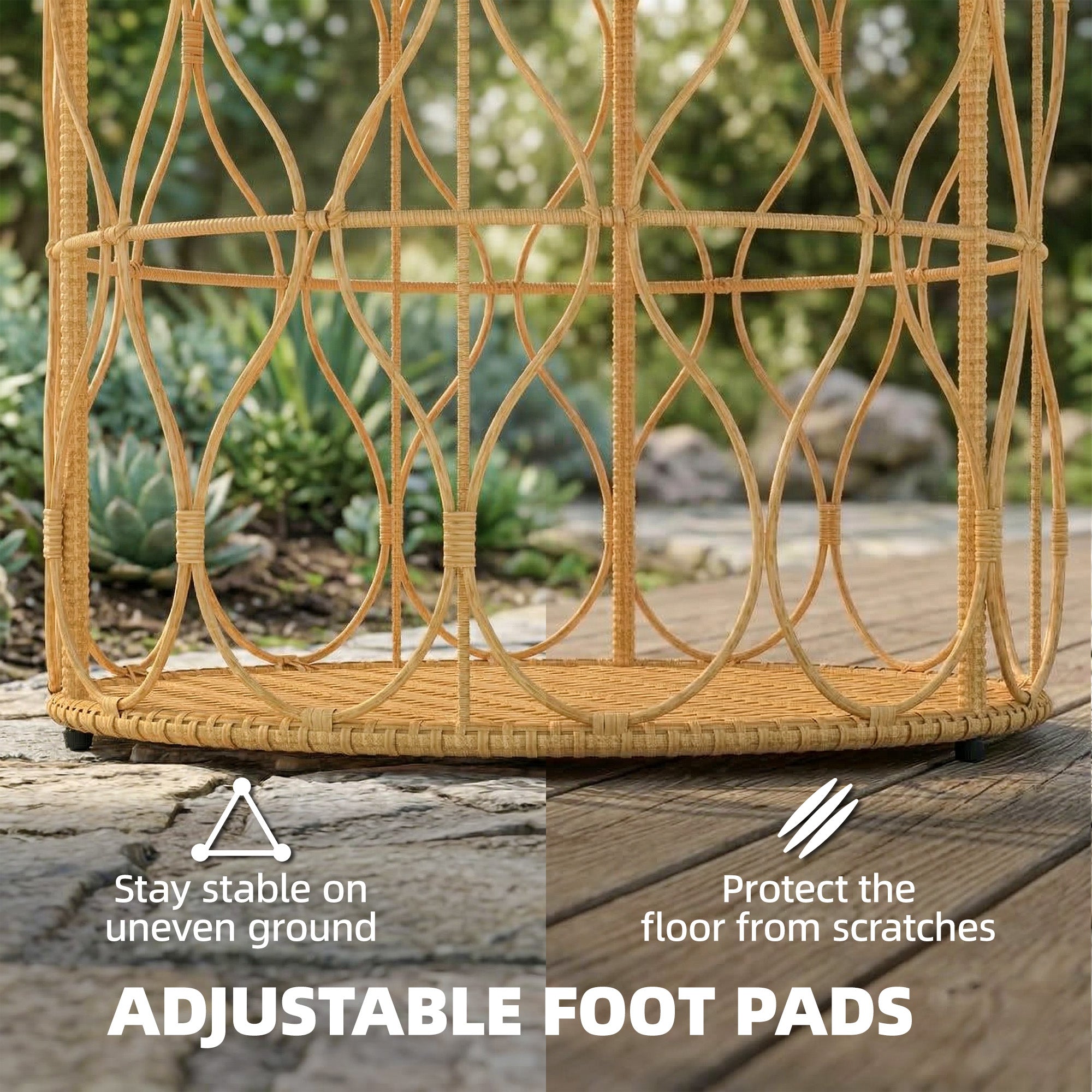 Side Table, 19.7-inch Round Weatherproof Garden Table with Rattan Look, Acacia Wood Top, Adjustable Feet, 176 lb Capacity, Bistro Table for Garden Terrace Balcony — Teak
