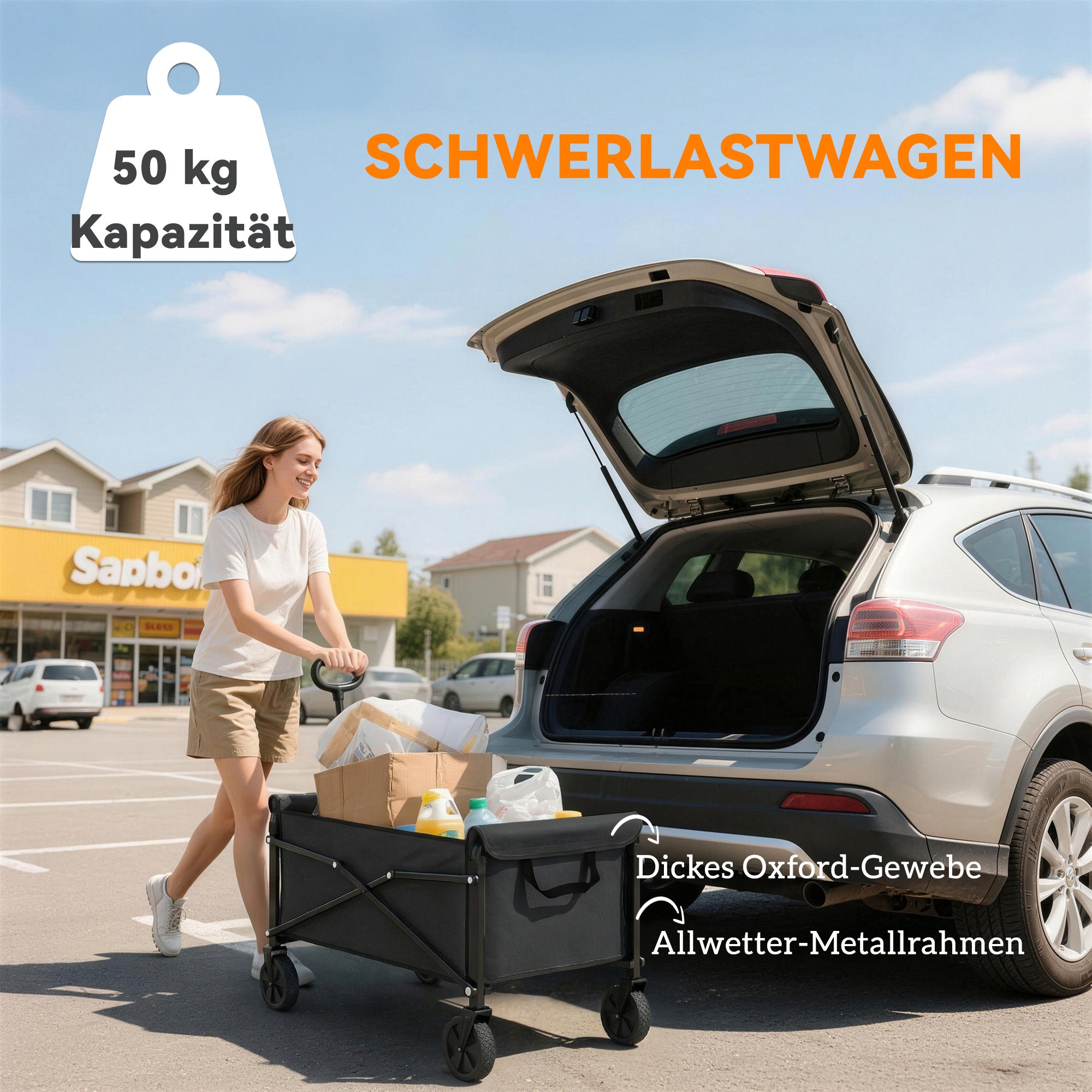 Folding Wagon 81 L Compact Collapsible Hand Cart with Adjustable Handle, Brake — 50 kg Capacity, Garden & Shopping Utility Cart