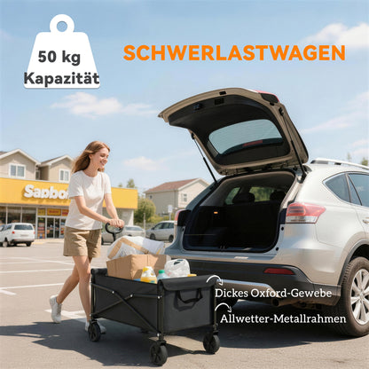 Folding Wagon 81 L Compact Collapsible Hand Cart with Adjustable Handle, Brake — 50 kg Capacity, Garden & Shopping Utility Cart