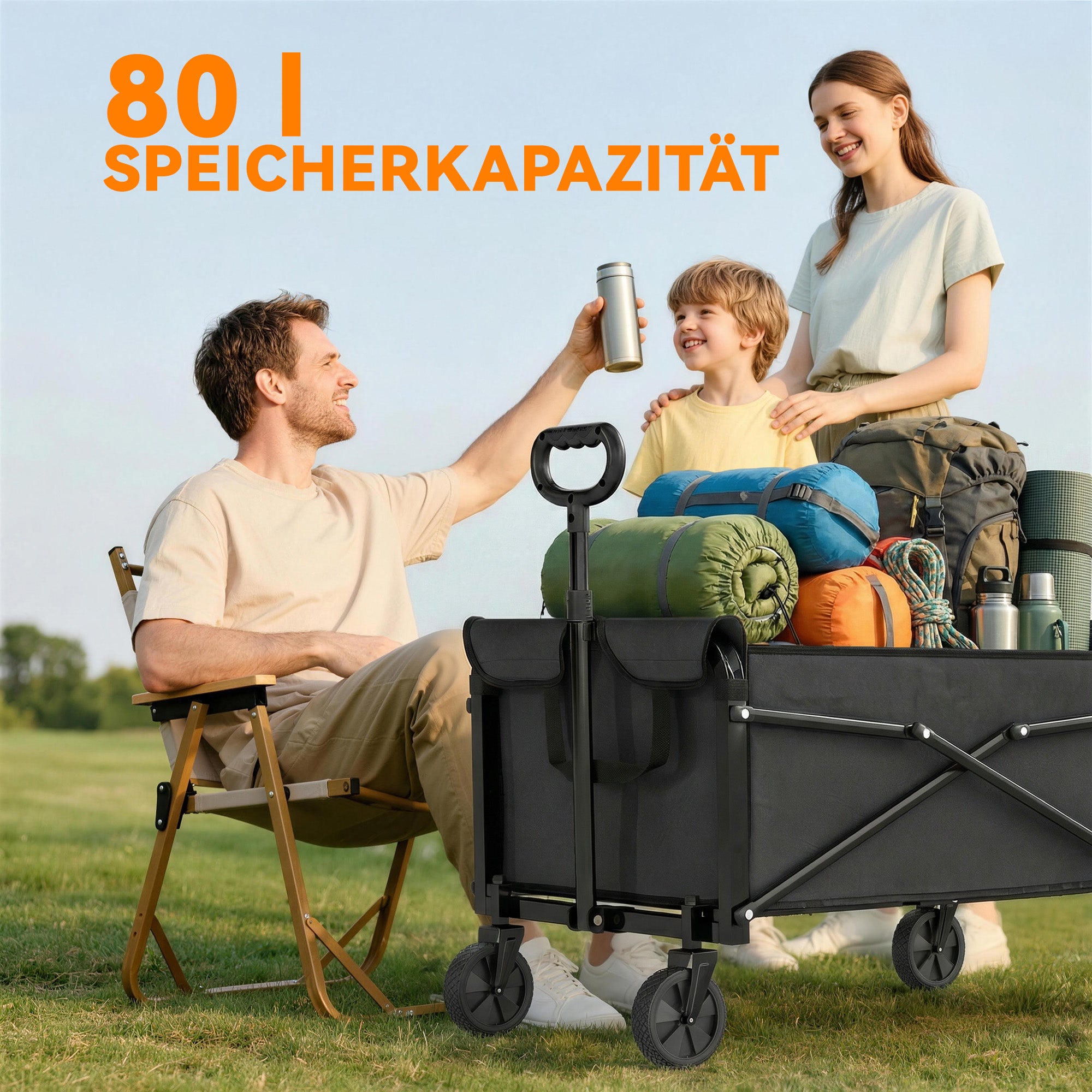 Folding Wagon 81 L Compact Collapsible Hand Cart with Adjustable Handle, Brake — 50 kg Capacity, Garden & Shopping Utility Cart