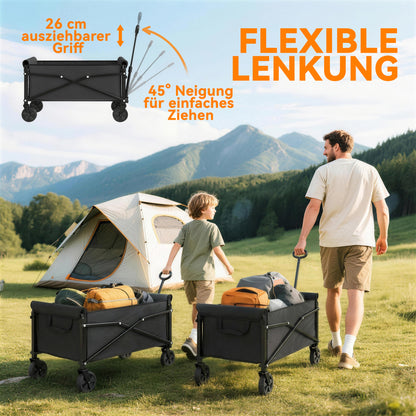 Folding Wagon 81 L Compact Collapsible Hand Cart with Adjustable Handle, Brake — 50 kg Capacity, Garden & Shopping Utility Cart