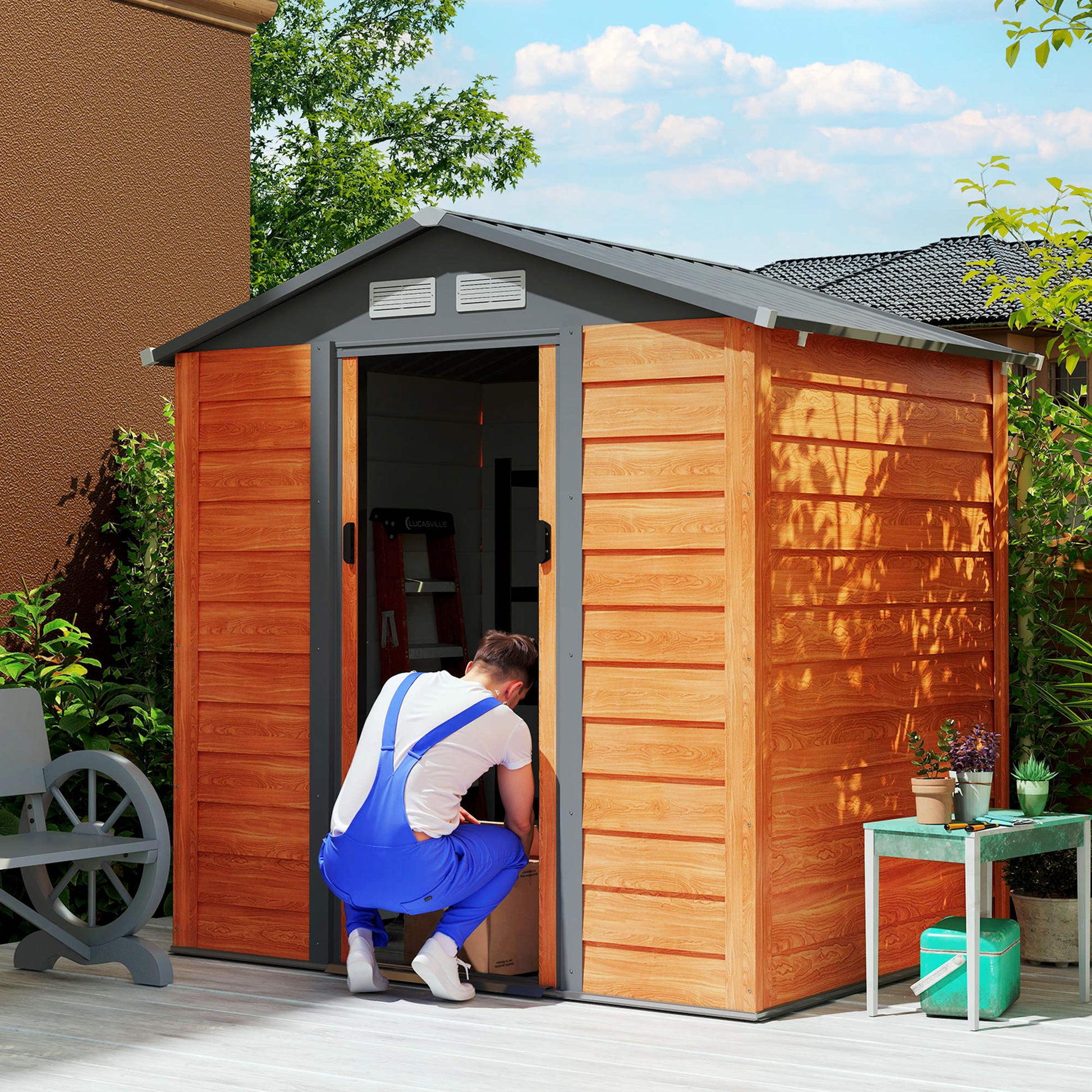 2.68m² Garden Shed in Galvanized Steel with Drainage Holes Air Vents, Tool Shed with Sloping Roof, Double Lockable Sliding Doors, Wood Effect Design, Brown