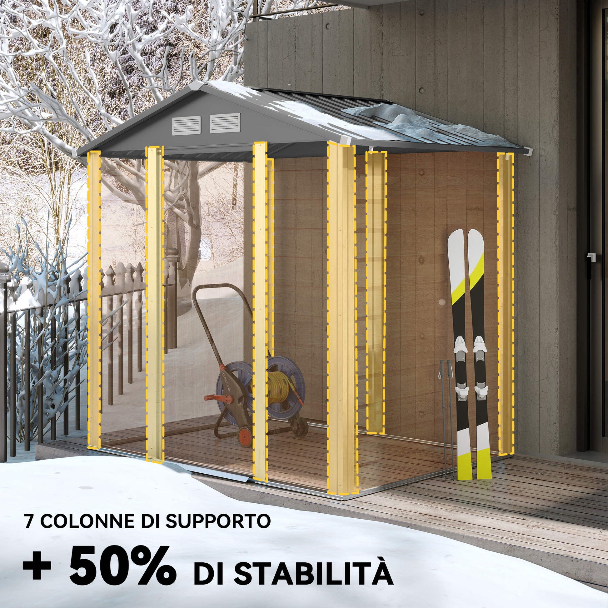2.68m² Garden Shed in Galvanized Steel with Drainage Holes Air Vents, Tool Shed with Sloping Roof, Double Lockable Sliding Doors, Wood Effect Design, Brown
