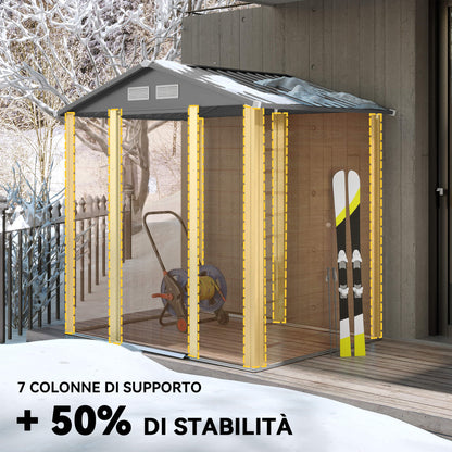 2.68m² Garden Shed in Galvanized Steel with Drainage Holes Air Vents, Tool Shed with Sloping Roof, Double Lockable Sliding Doors, Wood Effect Design, Brown