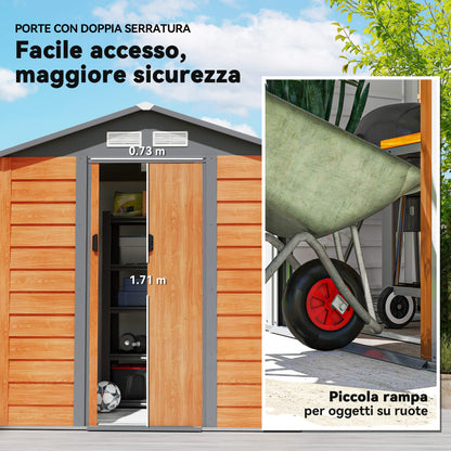 2.68m² Garden Shed in Galvanized Steel with Drainage Holes Air Vents, Tool Shed with Sloping Roof, Double Lockable Sliding Doors, Wood Effect Design, Brown