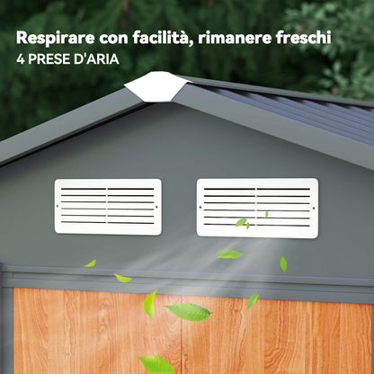 2.68m² Garden Shed in Galvanized Steel with Drainage Holes Air Vents, Tool Shed with Sloping Roof, Double Lockable Sliding Doors, Wood Effect Design, Brown