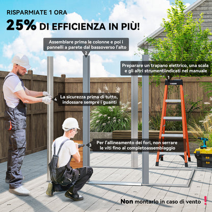 2.68m² Garden Shed in Galvanized Steel with Drainage Holes Air Vents, Tool Shed with Sloping Roof, Double Lockable Sliding Doors, Wood Effect Design, Brown