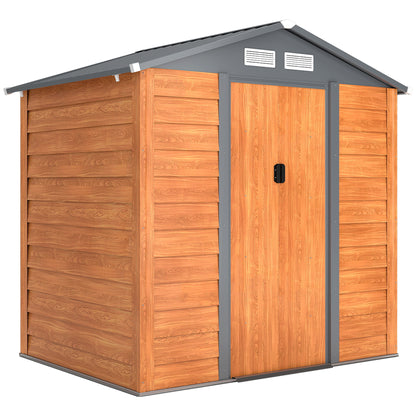 2.68m² Garden Shed in Galvanized Steel with Drainage Holes Air Vents, Tool Shed with Sloping Roof, Double Lockable Sliding Doors, Wood Effect Design, Brown