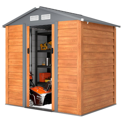 2.68m² Garden Shed in Galvanized Steel with Drainage Holes Air Vents, Tool Shed with Sloping Roof, Double Lockable Sliding Doors, Wood Effect Design, Brown