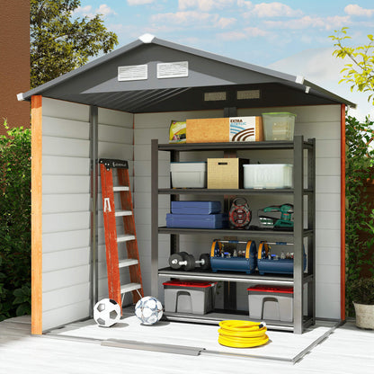 2.68m² Garden Shed in Galvanized Steel with Drainage Holes Air Vents, Tool Shed with Sloping Roof, Double Lockable Sliding Doors, Wood Effect Design, Brown