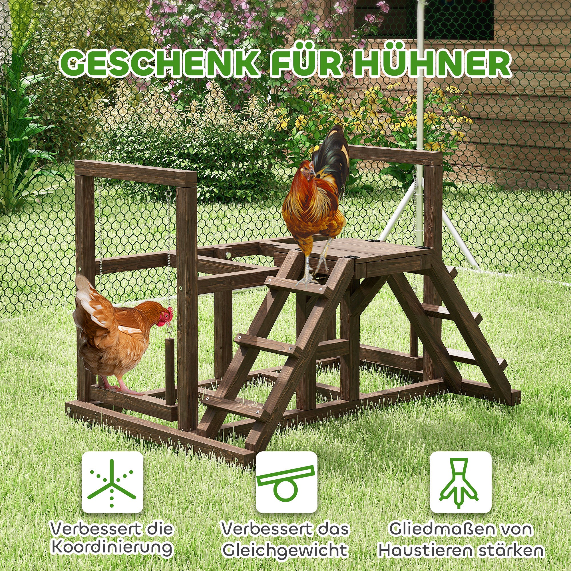 Wooden Chicken Activity Shelf, Chicken Playground with Chicken Perches, Swing, Ladder, Platforms Chicken Climbing Frame for 3 Chickens Brown