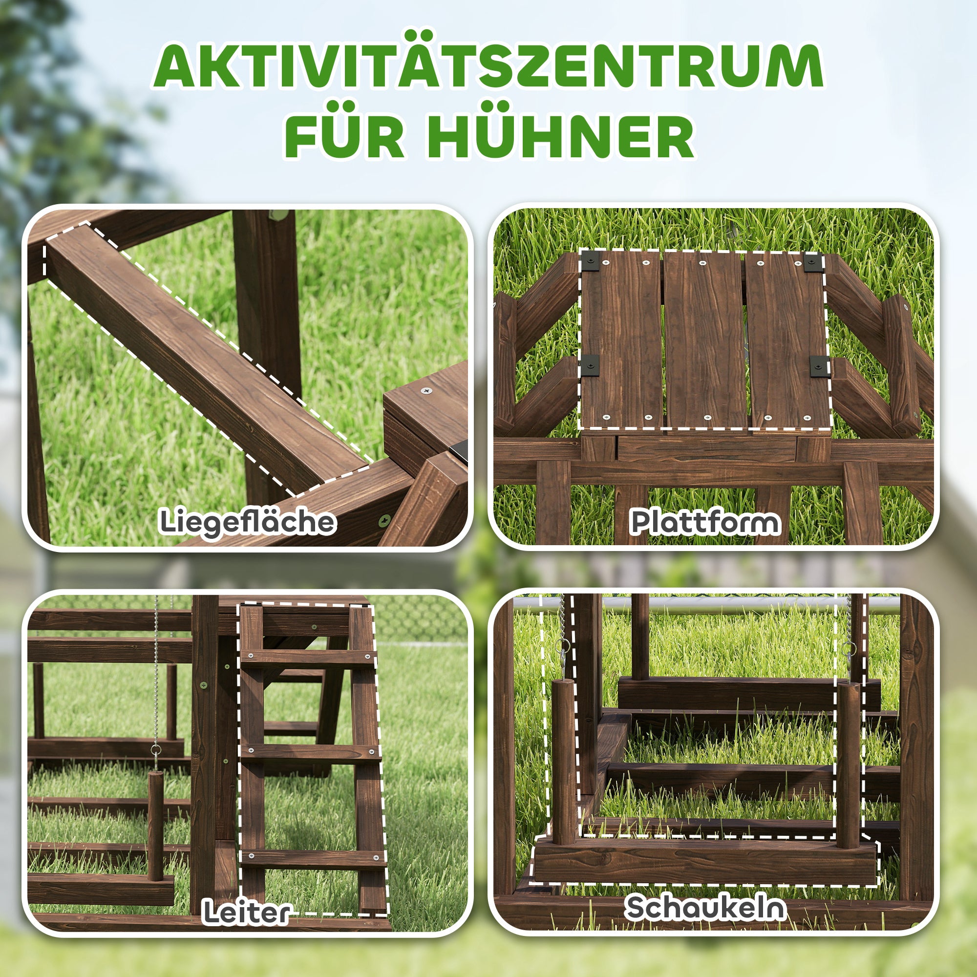 Wooden Chicken Activity Shelf, Chicken Playground with Chicken Perches, Swing, Ladder, Platforms Chicken Climbing Frame for 3 Chickens Brown
