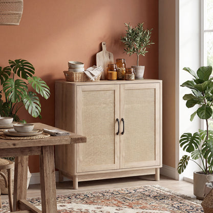 Boho Sideboard with Rattan Doors, Adjustable Shelf & Rounded Edges — Oak Finish, 30 x 13.8 x 29.7 in