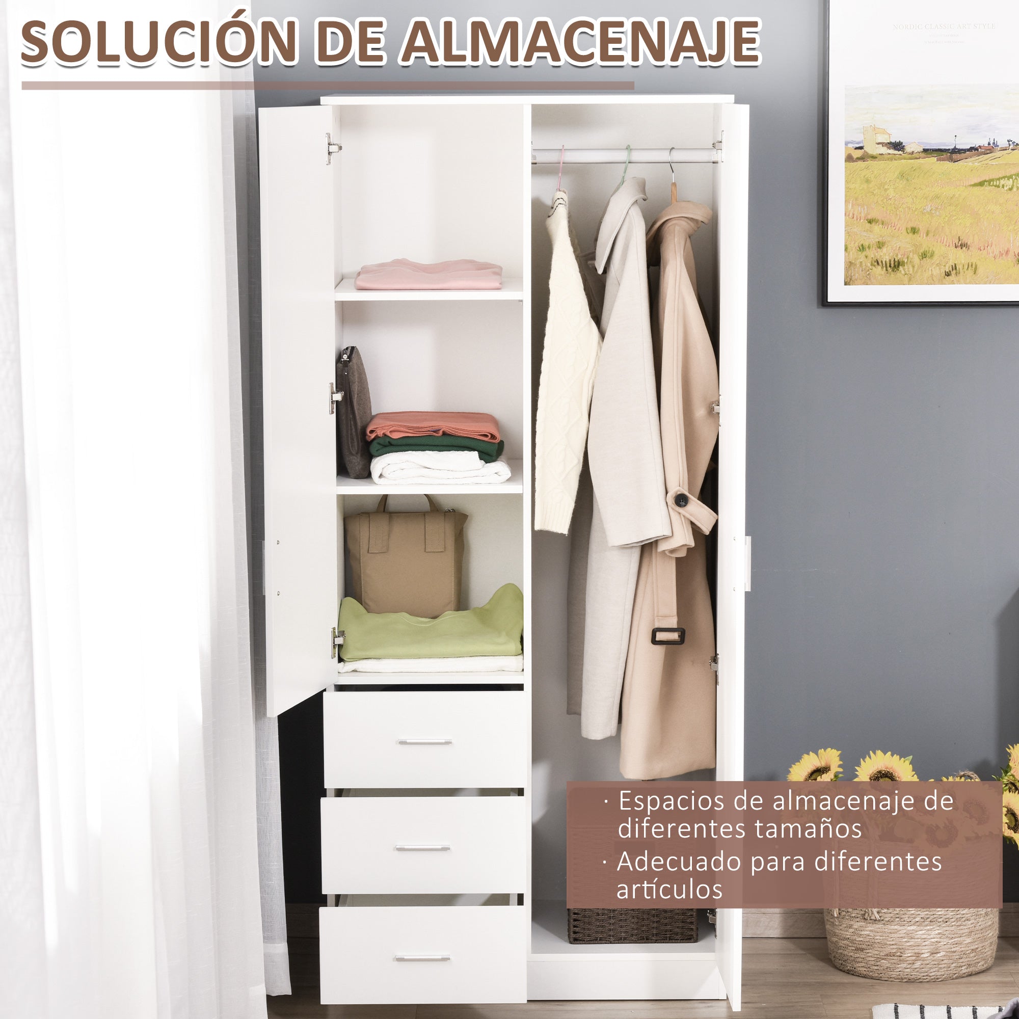 Wardrobe Closet with 2 Doors, Mirror, 3 Drawers, Adjustable Shelves, and Hanging Rod Included, Bedroom Furniture 80x50x180 cm White