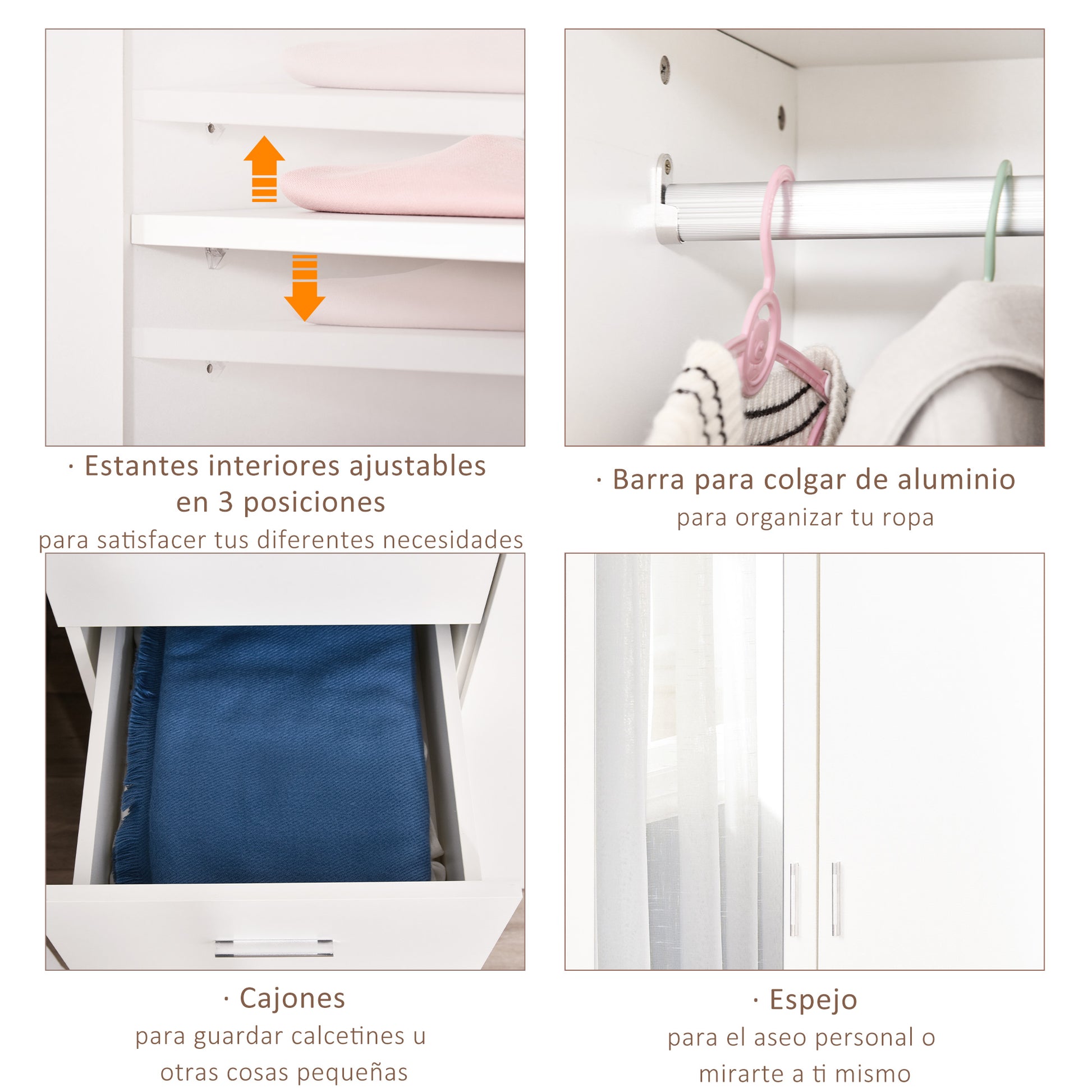 Wardrobe Closet with 2 Doors, Mirror, 3 Drawers, Adjustable Shelves, and Hanging Rod Included, Bedroom Furniture 80x50x180 cm White