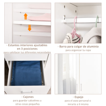 Wardrobe Closet with 2 Doors, Mirror, 3 Drawers, Adjustable Shelves, and Hanging Rod Included, Bedroom Furniture 80x50x180 cm White