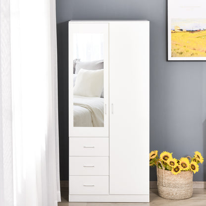 Wardrobe Closet with 2 Doors, Mirror, 3 Drawers, Adjustable Shelves, and Hanging Rod Included, Bedroom Furniture 80x50x180 cm White
