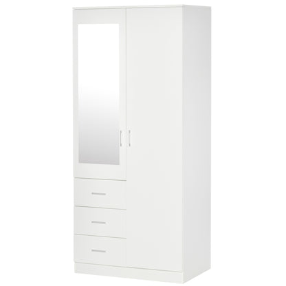 Wardrobe Closet with 2 Doors, Mirror, 3 Drawers, Adjustable Shelves, and Hanging Rod Included, Bedroom Furniture 80x50x180 cm White