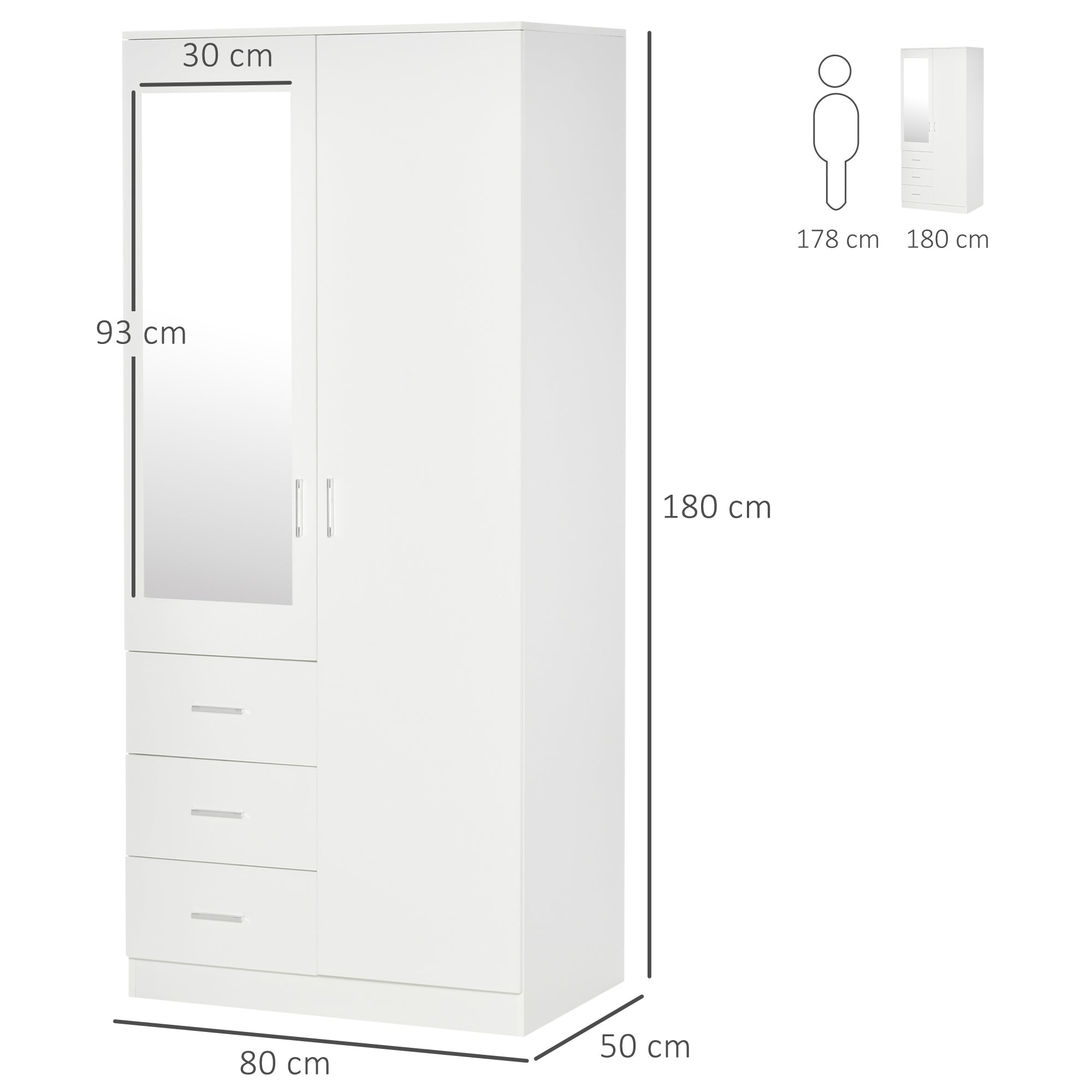 Wardrobe Closet with 2 Doors, Mirror, 3 Drawers, Adjustable Shelves, and Hanging Rod Included, Bedroom Furniture 80x50x180 cm White