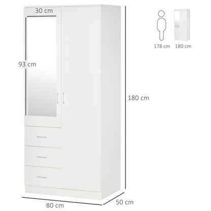 Wardrobe Closet with 2 Doors, Mirror, 3 Drawers, Adjustable Shelves, and Hanging Rod Included, Bedroom Furniture 80x50x180 cm White