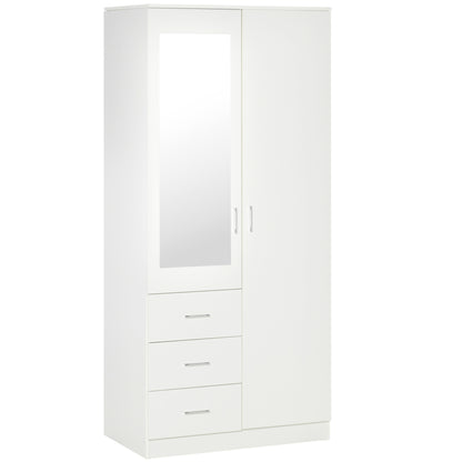 Wardrobe Closet with 2 Doors, Mirror, 3 Drawers, Adjustable Shelves, and Hanging Rod Included, Bedroom Furniture 80x50x180 cm White