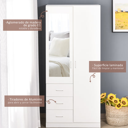Wardrobe Closet with 2 Doors, Mirror, 3 Drawers, Adjustable Shelves, and Hanging Rod Included, Bedroom Furniture 80x50x180 cm White
