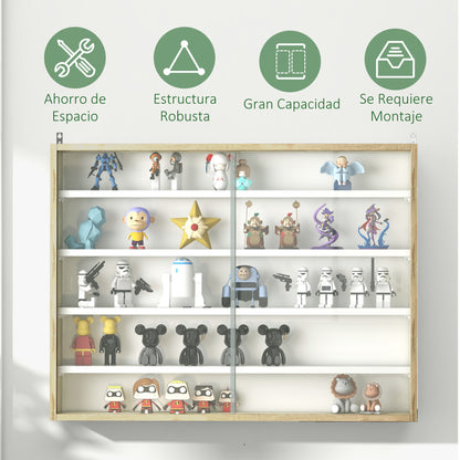Display Case Wall Mounted Display Cabinet with Adjustable Shelves and 2 Sliding Glass Doors for Collectibles Perfumes Decorative Figures 80x9.5x60 cm White and Natural