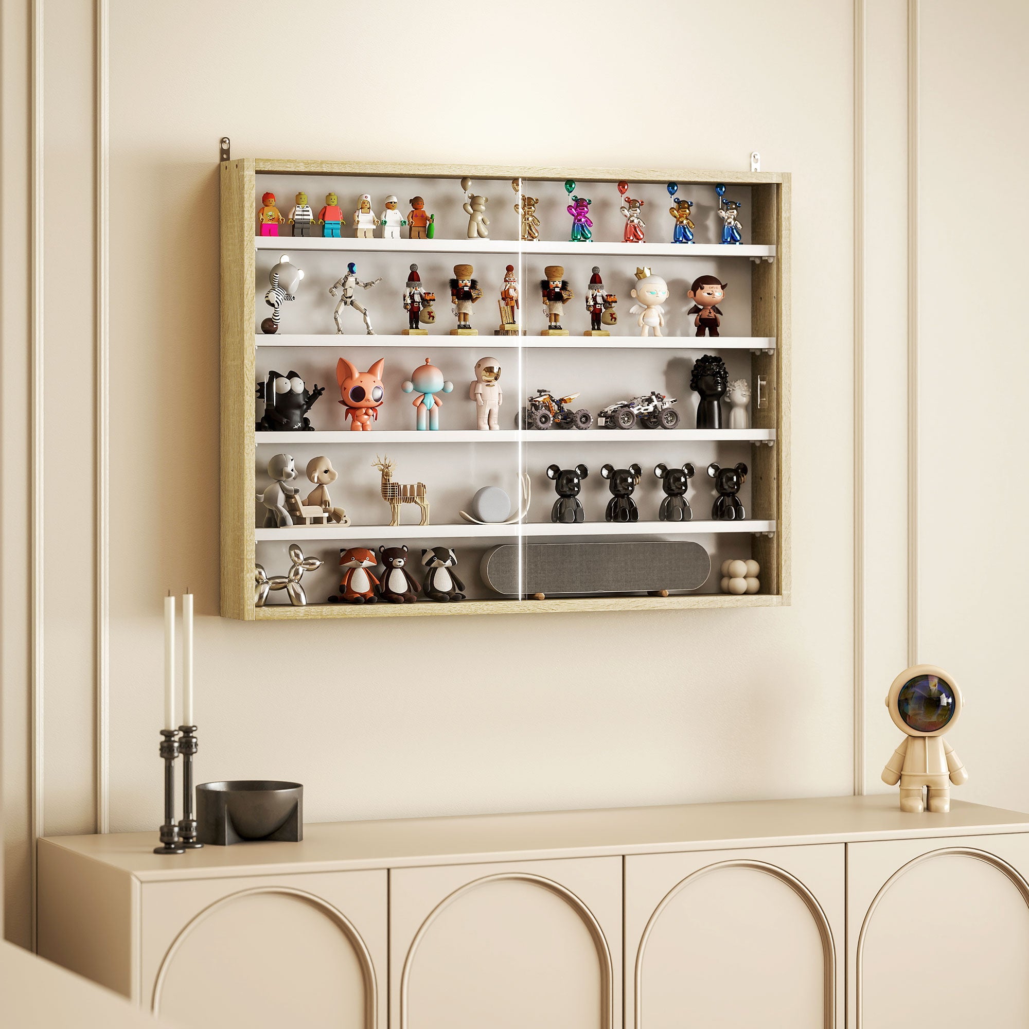 Display Case Wall Mounted Display Cabinet with Adjustable Shelves and 2 Sliding Glass Doors for Collectibles Perfumes Decorative Figures 80x9.5x60 cm White and Natural