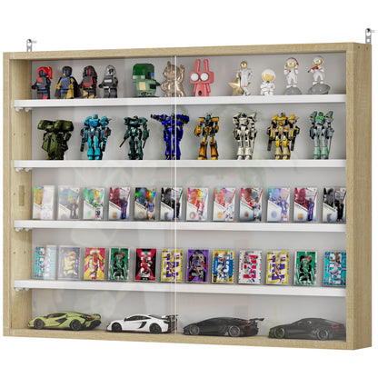 Display Case Wall Mounted Display Cabinet with Adjustable Shelves and 2 Sliding Glass Doors for Collectibles Perfumes Decorative Figures 80x9.5x60 cm White and Natural