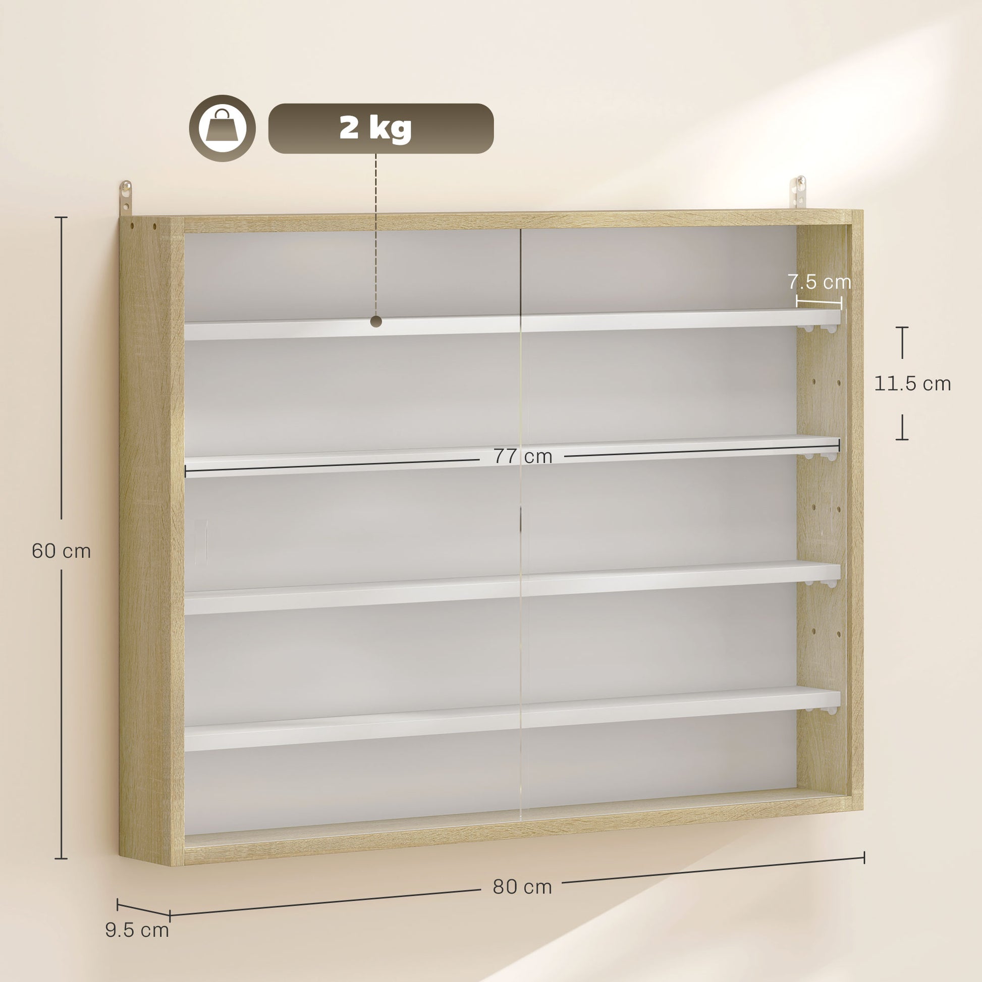 Display Case Wall Mounted Display Cabinet with Adjustable Shelves and 2 Sliding Glass Doors for Collectibles Perfumes Decorative Figures 80x9.5x60 cm White and Natural