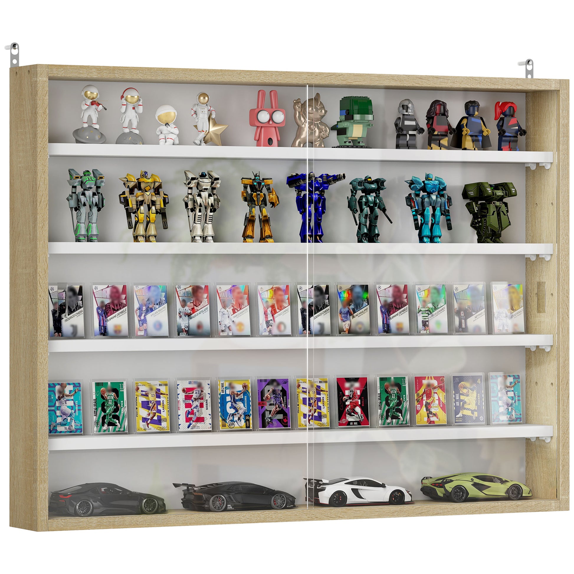 Display Case Wall Mounted Display Cabinet with Adjustable Shelves and 2 Sliding Glass Doors for Collectibles Perfumes Decorative Figures 80x9.5x60 cm White and Natural