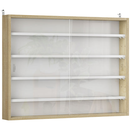 Display Case Wall Mounted Display Cabinet with Adjustable Shelves and 2 Sliding Glass Doors for Collectibles Perfumes Decorative Figures 80x9.5x60 cm White and Natural