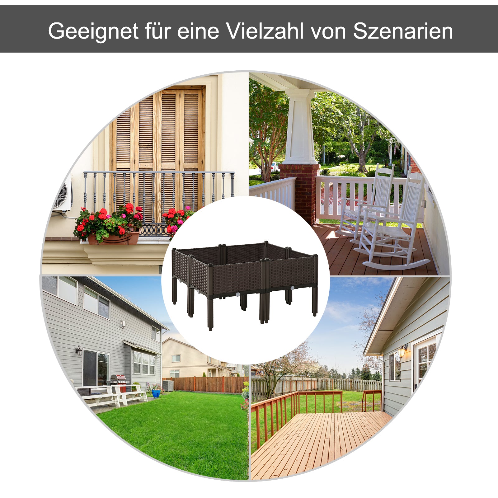 Raised Bed 4-Piece Planter Box with Drainage Holes Rattan-Look Planter DIY Brown 40 x 40 x 44 cm