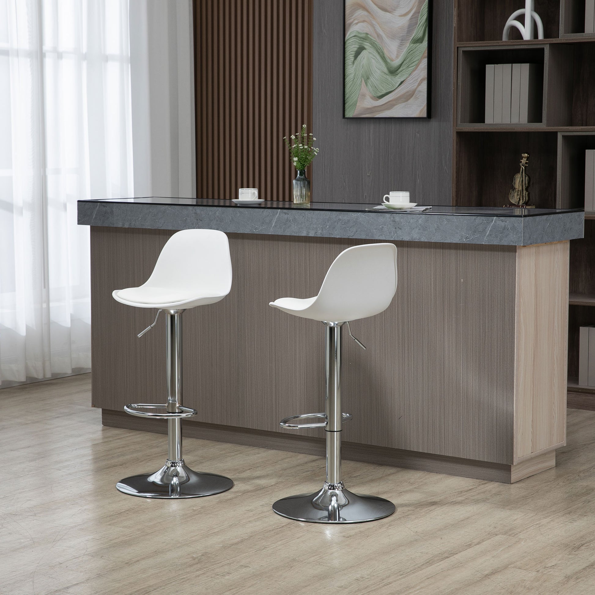 Bar Stool Set of 2, Upholstered Bar Chairs with Steel Frame, Backrest, Height Adjustable Kitchen Chairs with Footrest 360° Swivel Counter Stools for Kitchen, Living Room, Dining Room, Faux Leather White